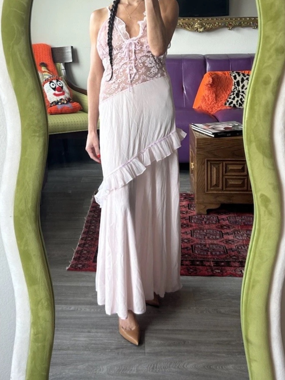 Vintage Pink Lace Ruffle Maxi Length Slip Dress Nightgown Coquette Fairycore S/M
